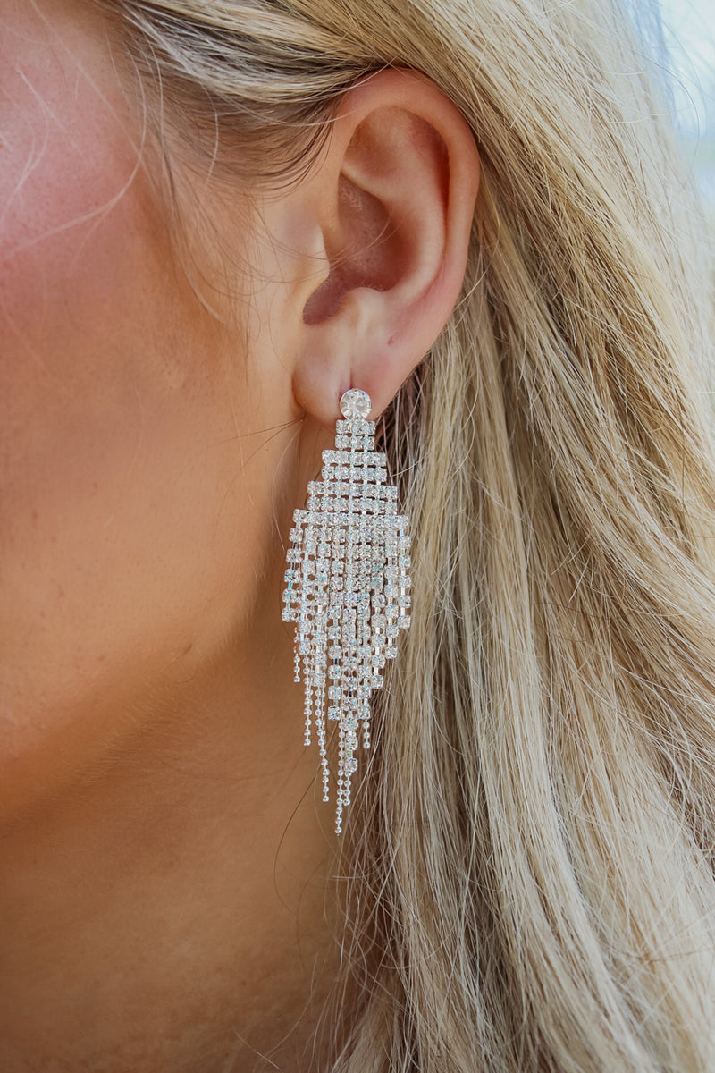 Rhinestone Fringe Earrings - Silver | Makk Fashions