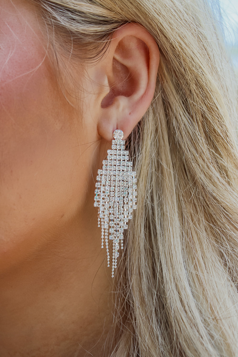 Rhinestone Fringe Earrings - Silver