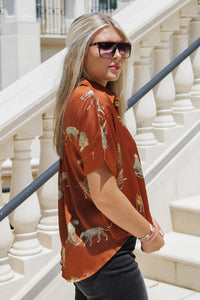 Roaring Good Time Button Down Short Sleeve Top - Brown | Makk Fashions