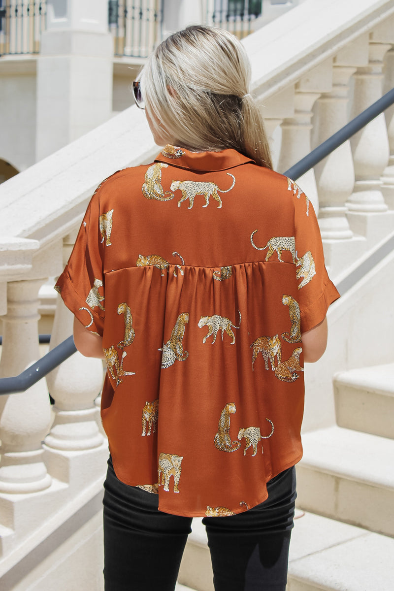 Roaring Good Time Button Down Short Sleeve Top - Brown | Makk Fashions