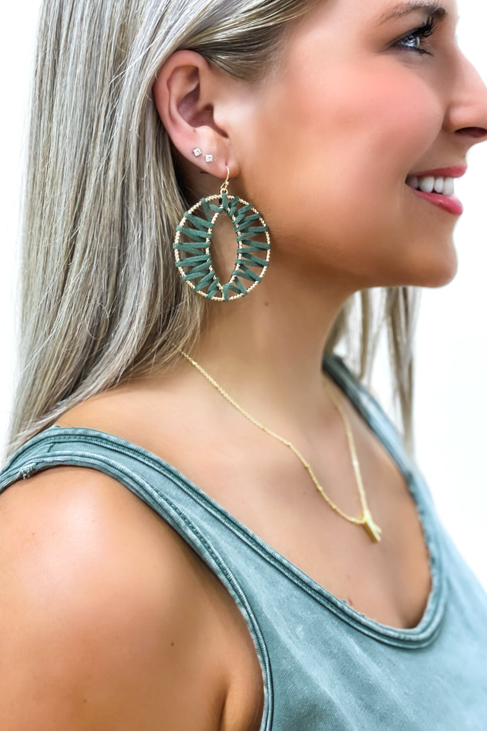 Round Wrapped Leather Earrings - Green | Makk Fashions