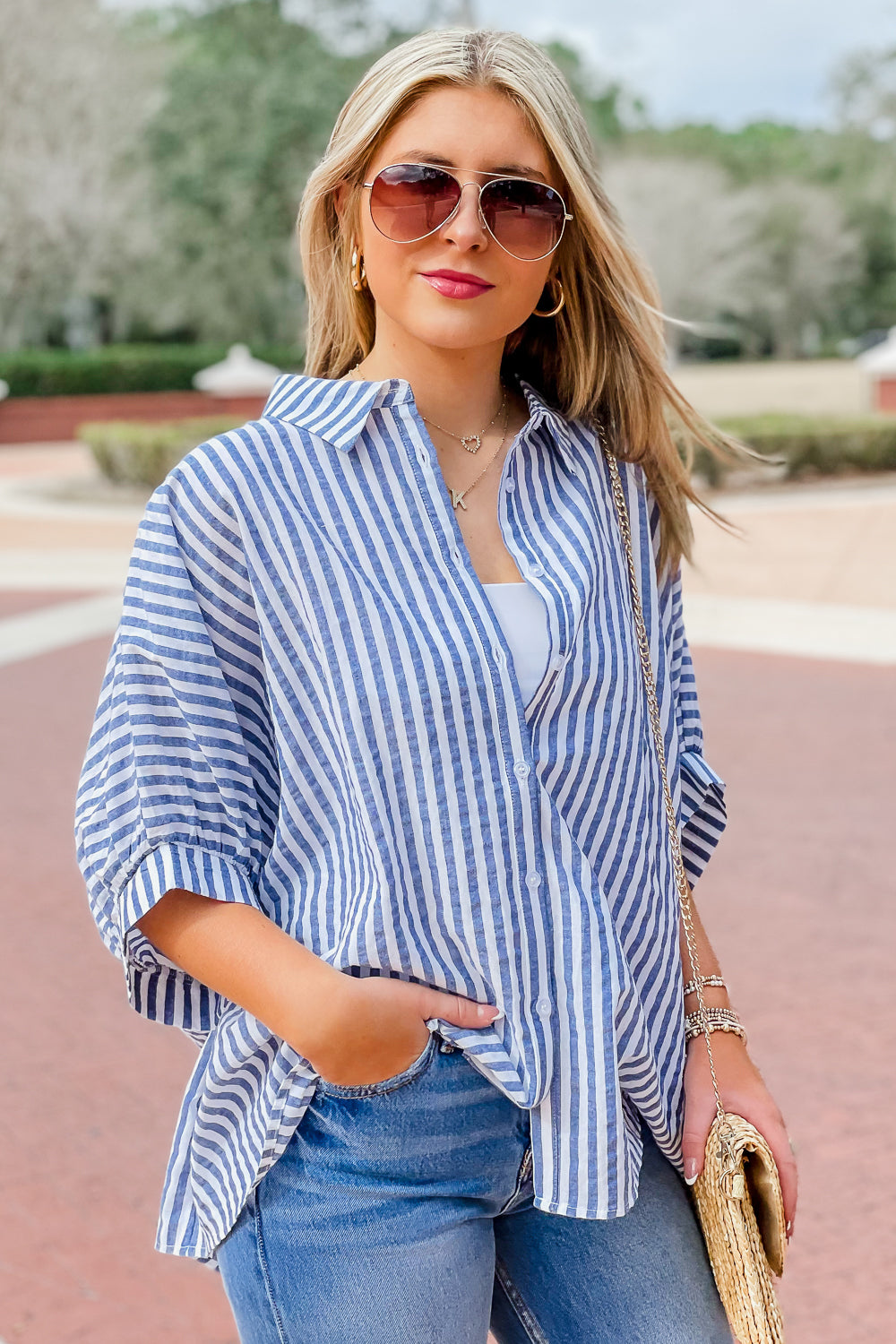 Sail Away Oversized Striped Top - Blue/White