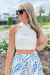 Show Time Cross Neck Cropped Knit Top - White | Makk Fashions