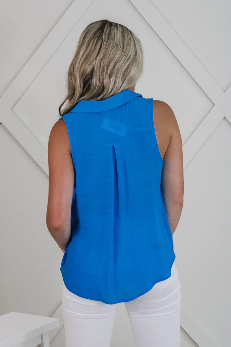 Simpler Times Sleeveless Button Down Top - Blue | Makk Fashions