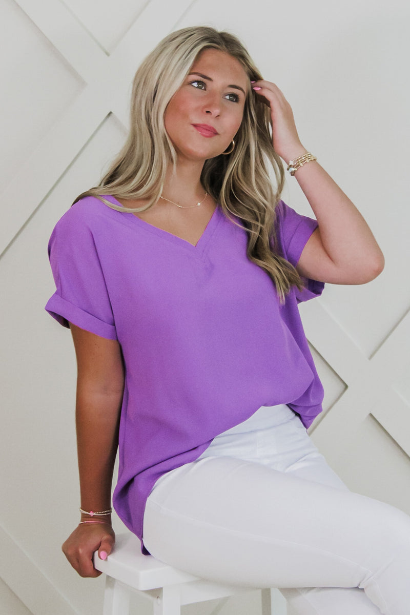 Simply Elegant Solid Woven V-Neck Top - Purple | Makk Fashions