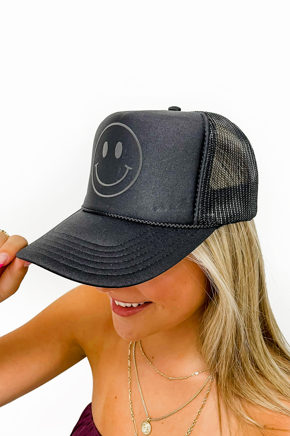 Smiley Face Monochrome Trucker Hat - Black | Makk Fashions