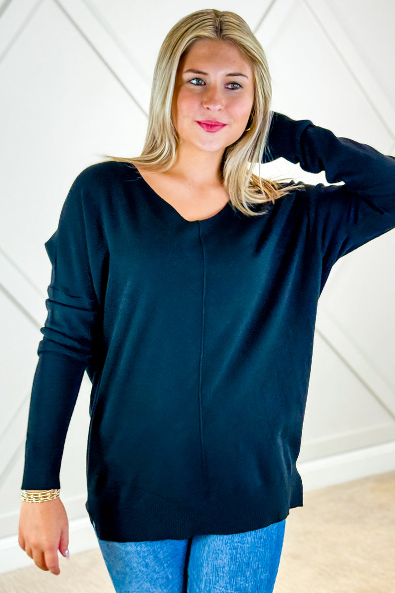 Soft & Cozy V-Neck Sweater - Black | Makk Fashions