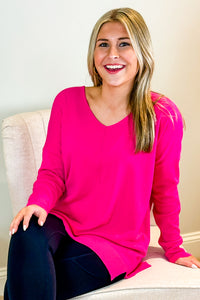 Soft & Cozy V-Neck Sweater - Electric Pink | Makk Fashions