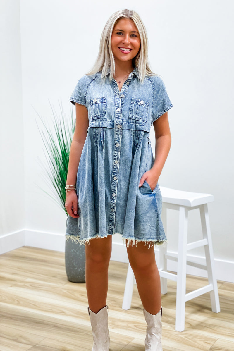 Speak Your Mind Mineral Washed Mini Dress - Denim | Makk Fashions