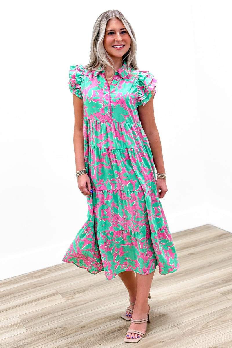 Special Times Collared Midi Dress - Green/Pink | Makk Fashions