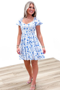 Spring Ahead Floral Puff Sleeve Dress - Blue/White | Makk Fashions