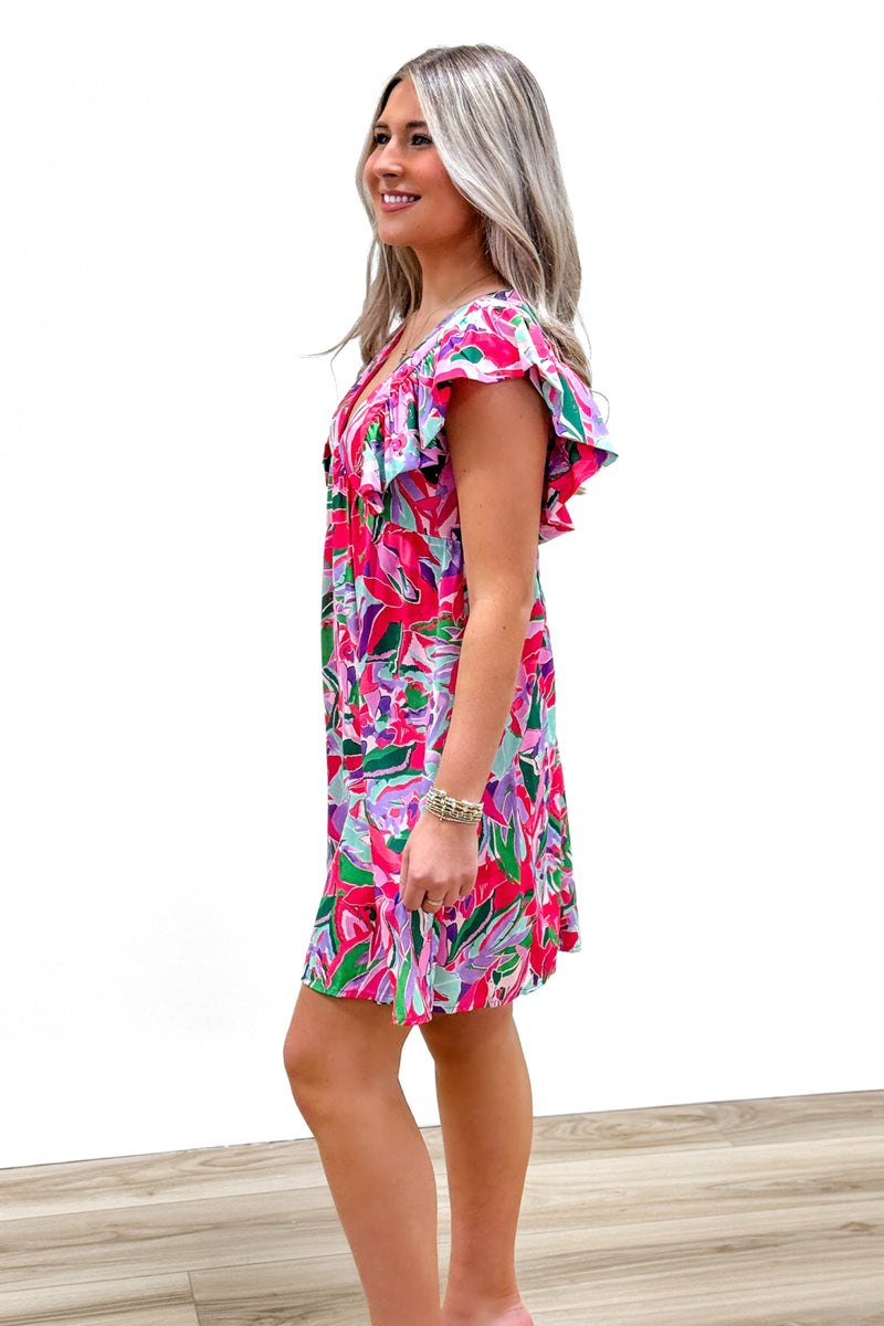 Spring Vibes Ruffle Printed Dress - Fuchsia Multi | Makk Fashions