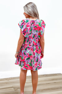 Spring Vibes Ruffle Printed Dress - Fuchsia Multi | Makk Fashions