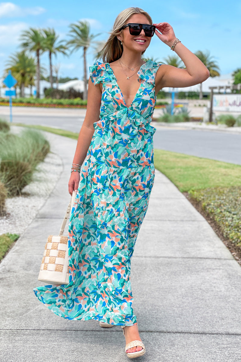 Springtime Florals Ruffled Maxi Dress - Blue/Green | Makk Fashions