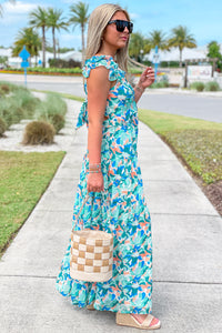 Springtime Florals Ruffled Maxi Dress - Blue/Green | Makk Fashions