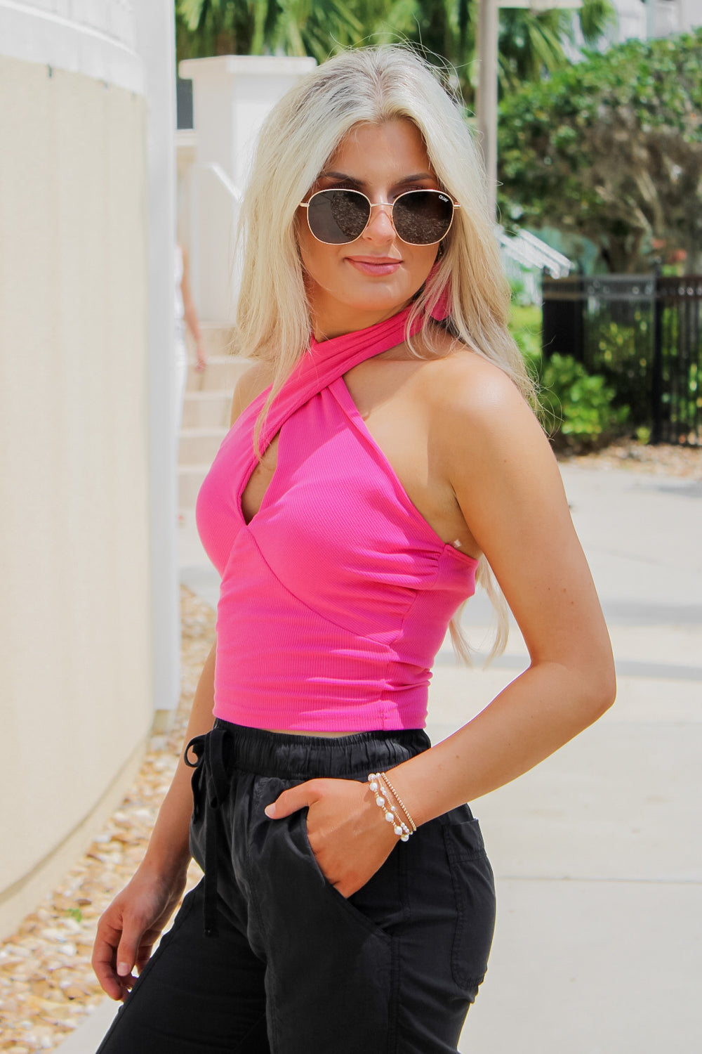 Sustainable Criss Cross Halter Top - Pink - Pomelo Fashion