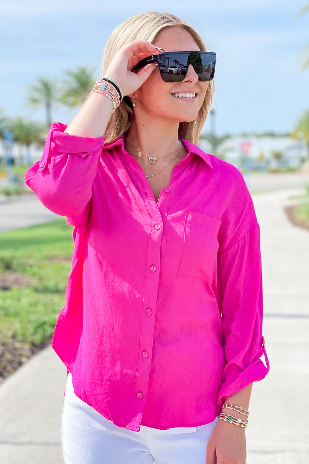 Summer Sunsets Button Down Linen Top - Hot Pink | Makk Fashions