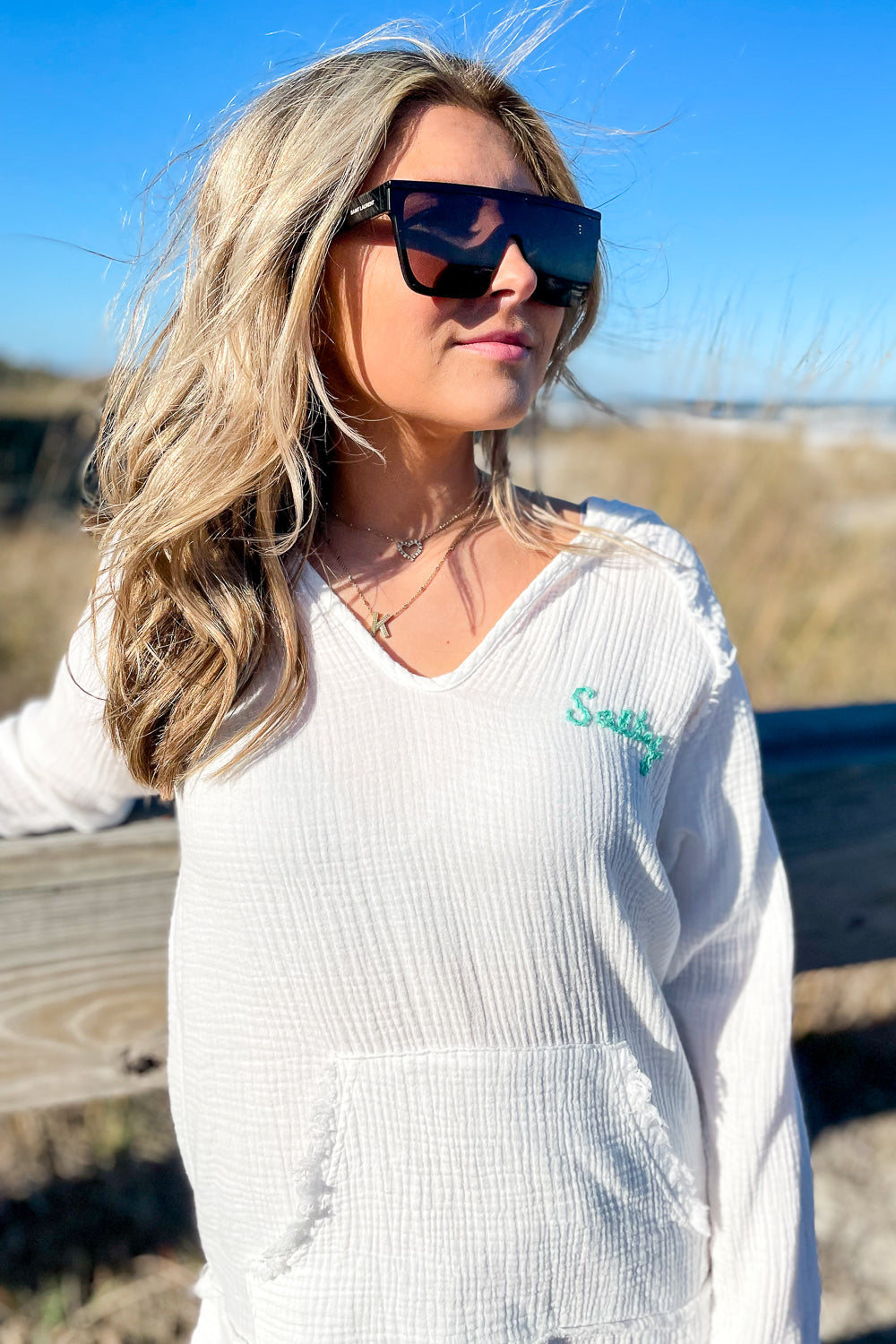 Surf Gypsy: Salty Washed Gauze Embroidered Hoodie - White | Makk Fashions