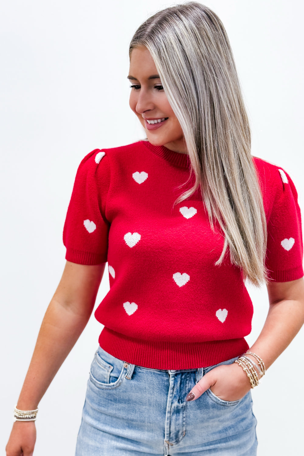 Sweeter Love Puff Sleeve Heart Sweater - Red | Makk Fashions