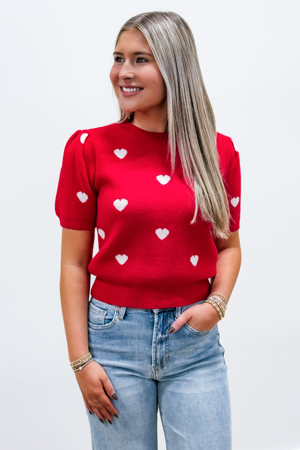 Sweeter Love Puff Sleeve Heart Sweater - Red | Makk Fashions