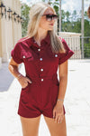 Tailgate Dreams Button Down Twill Romper - Burgundy | Makk Fashions