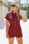 Tailgate Dreams Button Down Twill Romper - Burgundy | Makk Fashions