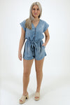 Take Me To Lunch Belted Romper - Lt. Wash | Makk Fashions