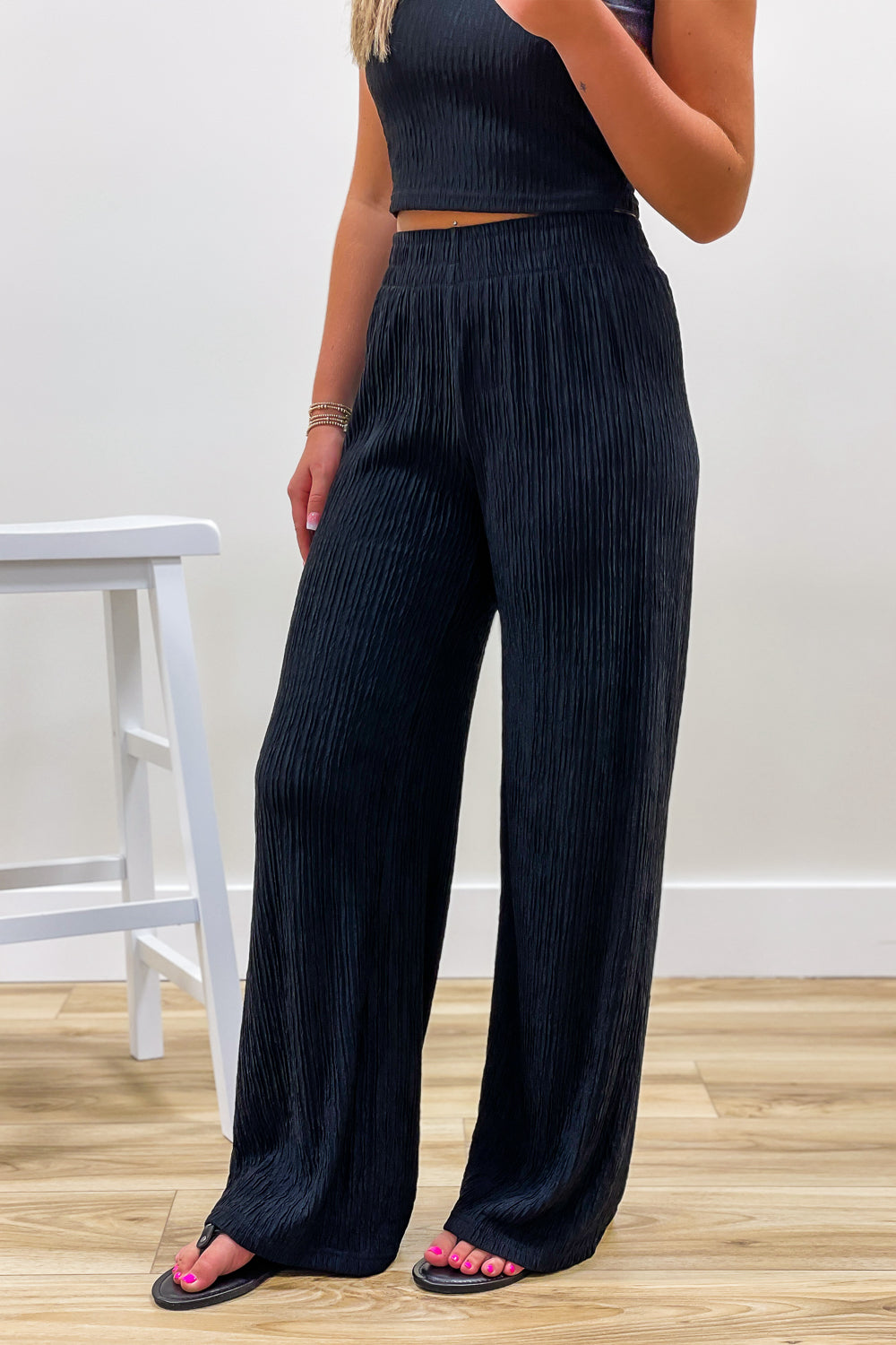 Talk Of The Town Textured Wide Leg Pants - Black