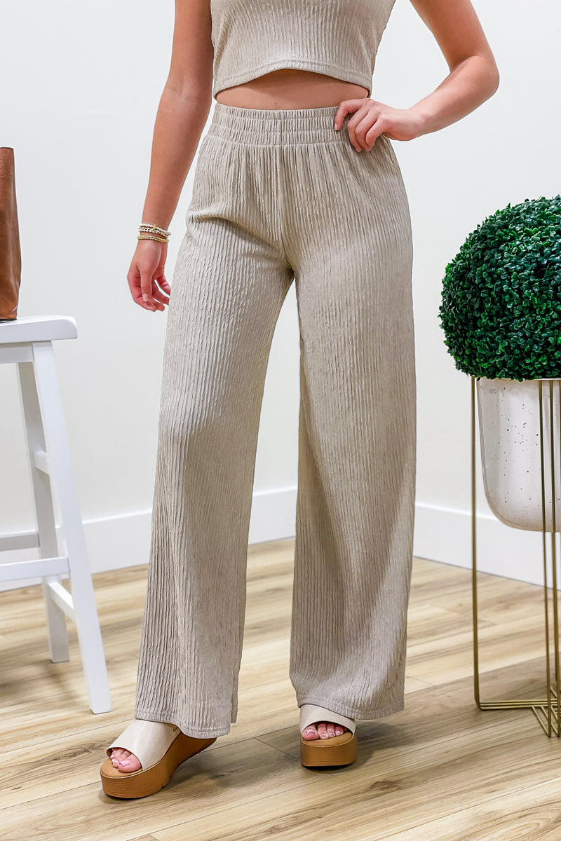 Talk Of The Town Textured Wide Leg Pants - Khaki | Makk Fashions