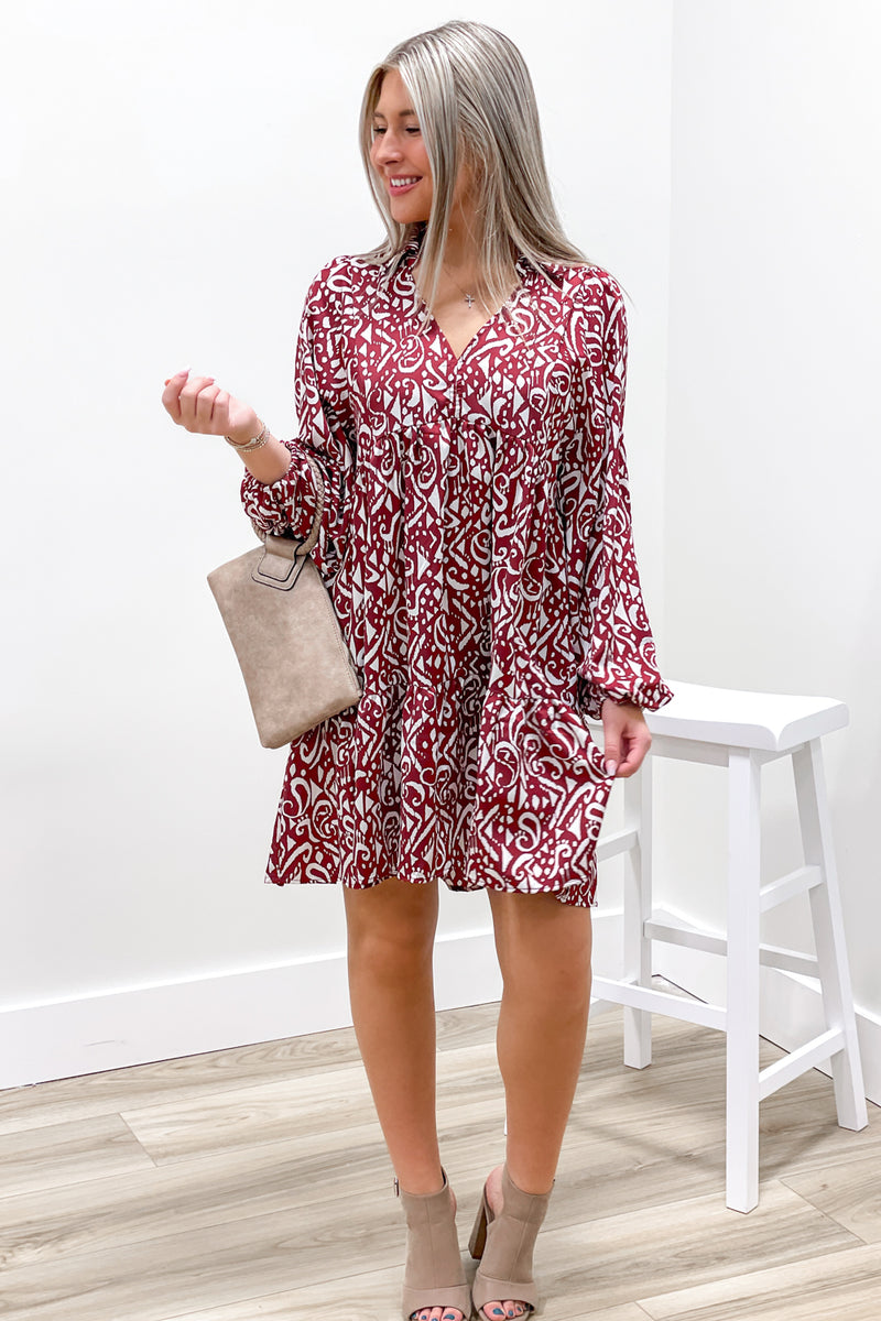 Tell The Truth Printed Tiered Dress - Wine | Makk Fashions