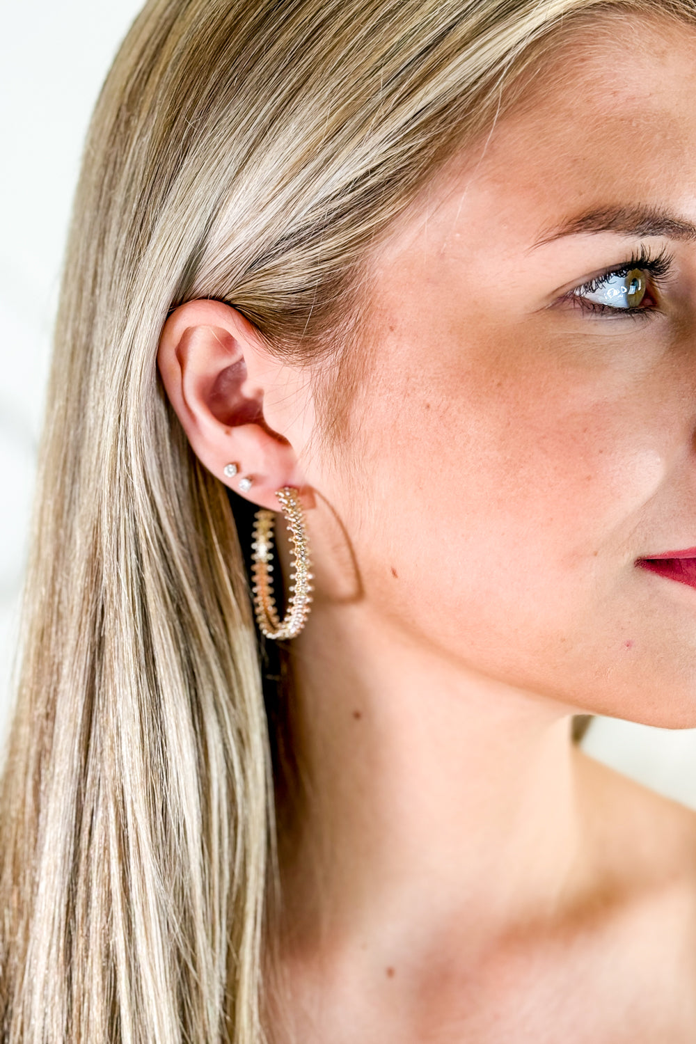 Textured Rhinestone Hoop Earrings - Gold | Makk Fashions