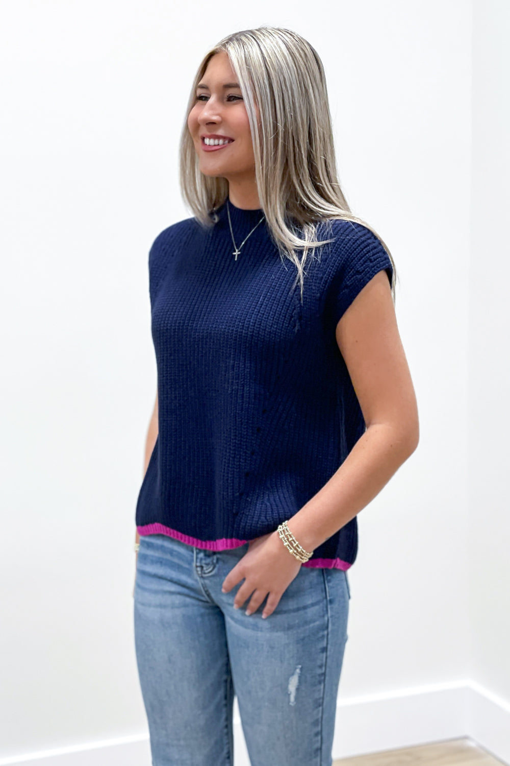 To The Point Contrast Hem Sweater - Navy | Makk Fashions