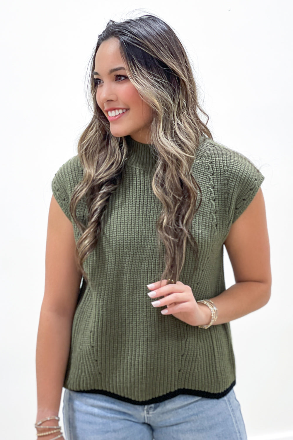 To The Point Contrast Hem Sweater - Olive | Makk Fashions