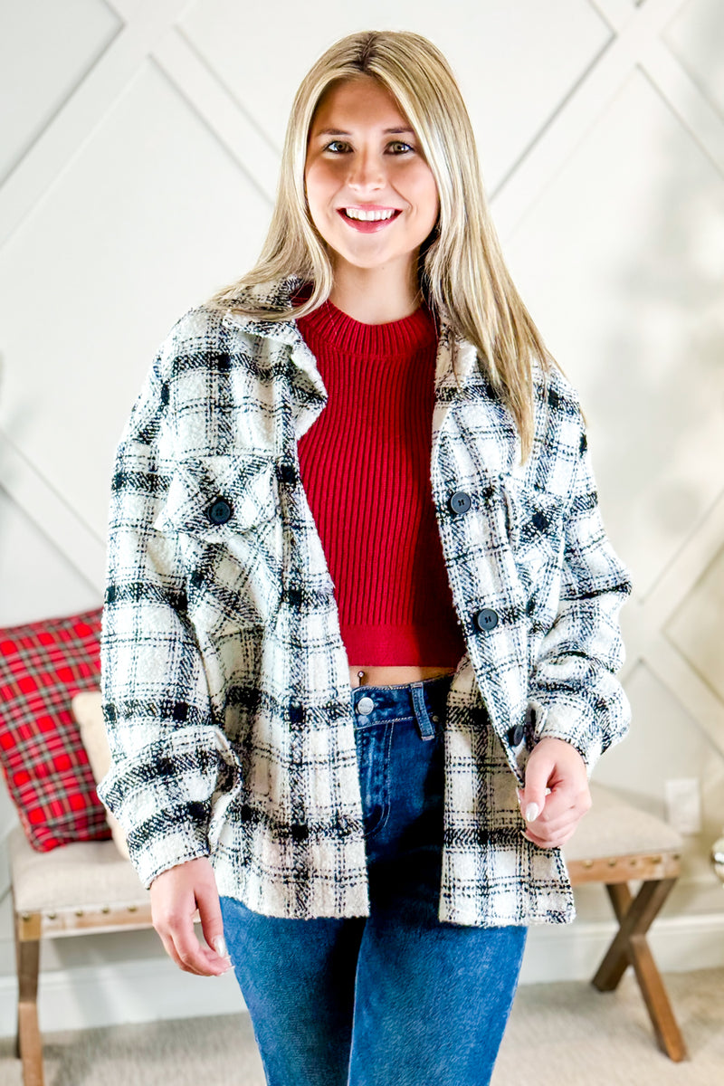Trend Setter Button Down Plaid Shacket - Cream/Black | Makk Fashions