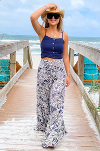 Tropical Perfection Tiered Wide Leg Pants - Navy | Makk Fashions