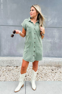 True Thoughts Button Down Twill Dress - Olive | Makk Fashions