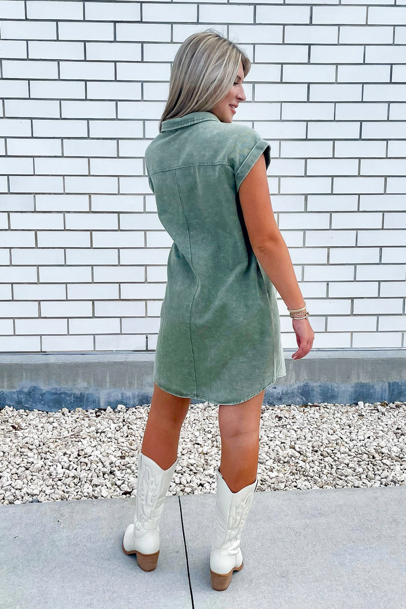 True Thoughts Button Down Twill Dress - Olive | Makk Fashions