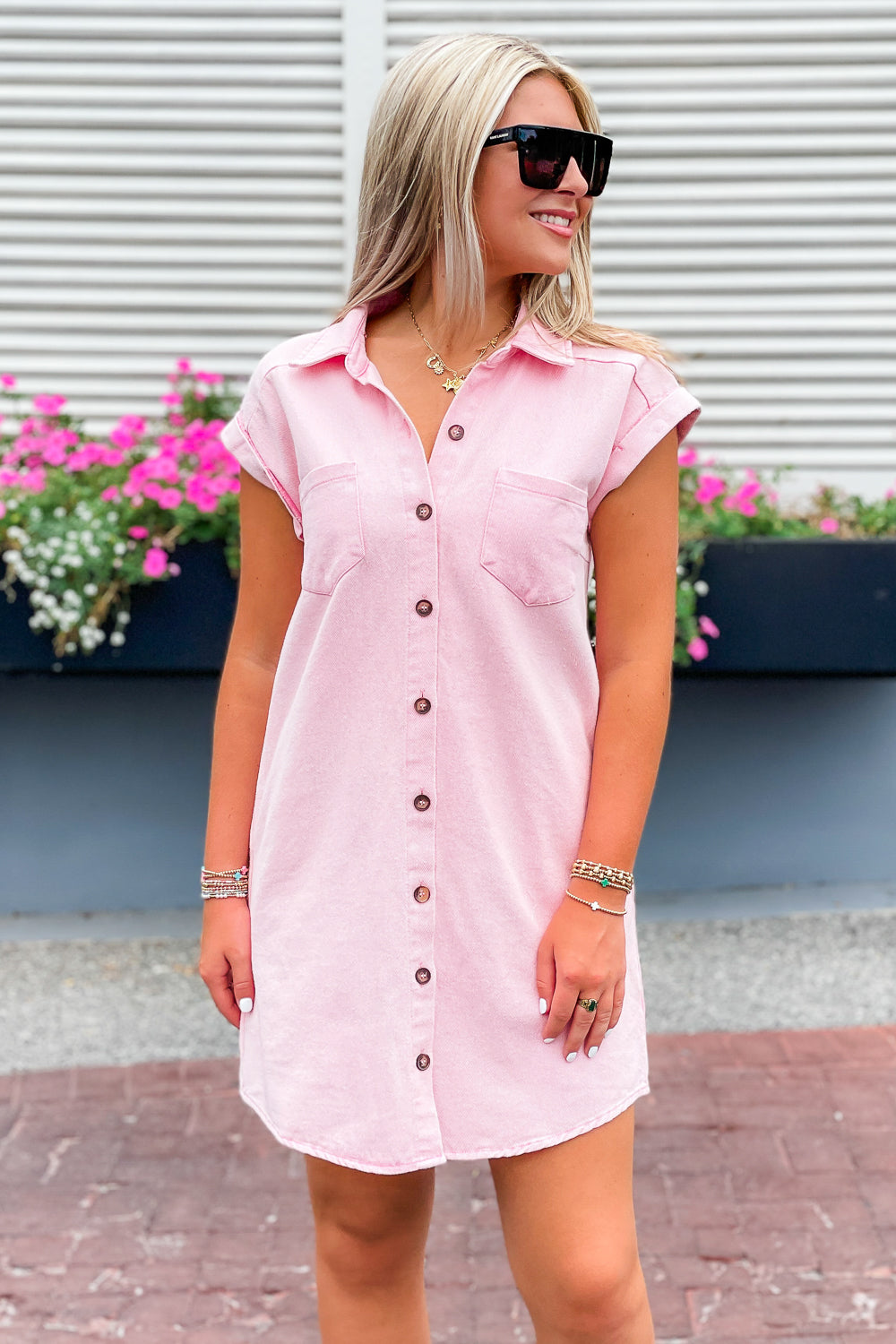 True Thoughts Button Down Twill Dress - Pink | Makk Fashions