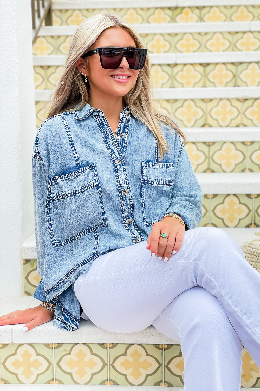 Truly Free Washed Button Down Collared Top - Denim | Makk Fashions