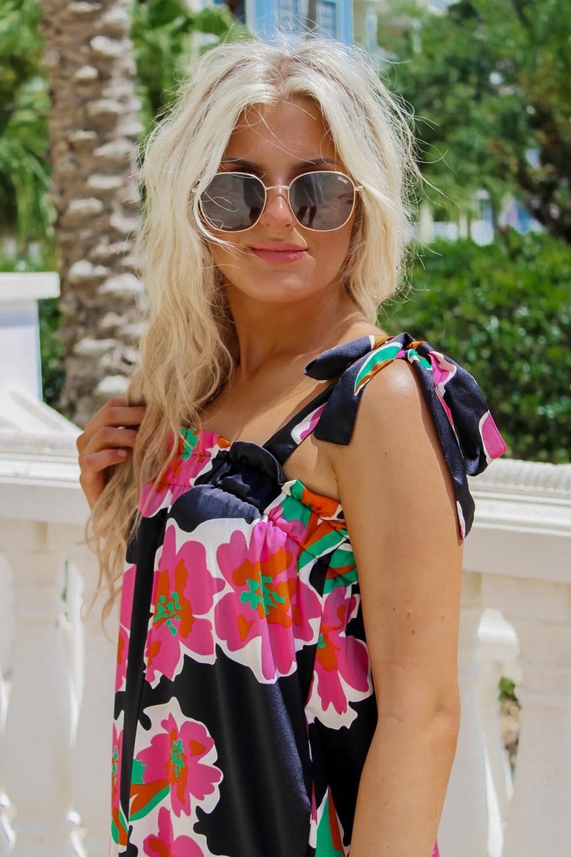 Vibrant Summer Days Floral Mini Dress - Black/Hot Pink | Makk Fashions