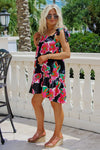 Vibrant Summer Days Floral Mini Dress - Black/Hot Pink | Makk Fashions