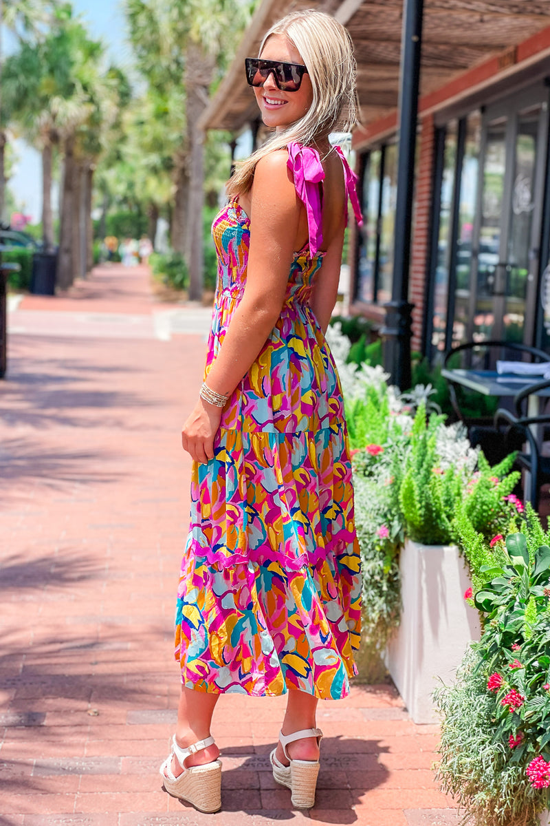 Vibrant Times A Line Midi Dress - Pink Multi | Makk Fashions