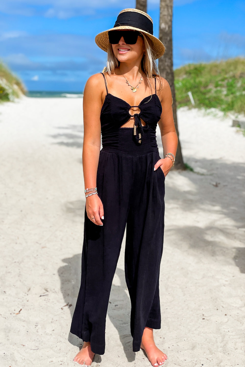 Vintage Havana True Desires Tie Front Jumpsuit Black