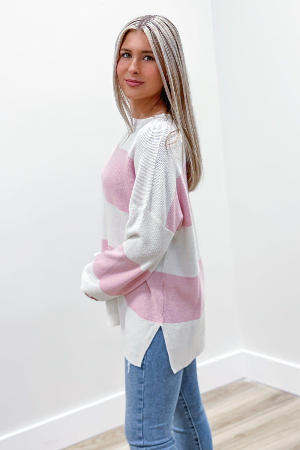 Walking Around Town Striped Thermal Sweater - Pink | Makk Fashions