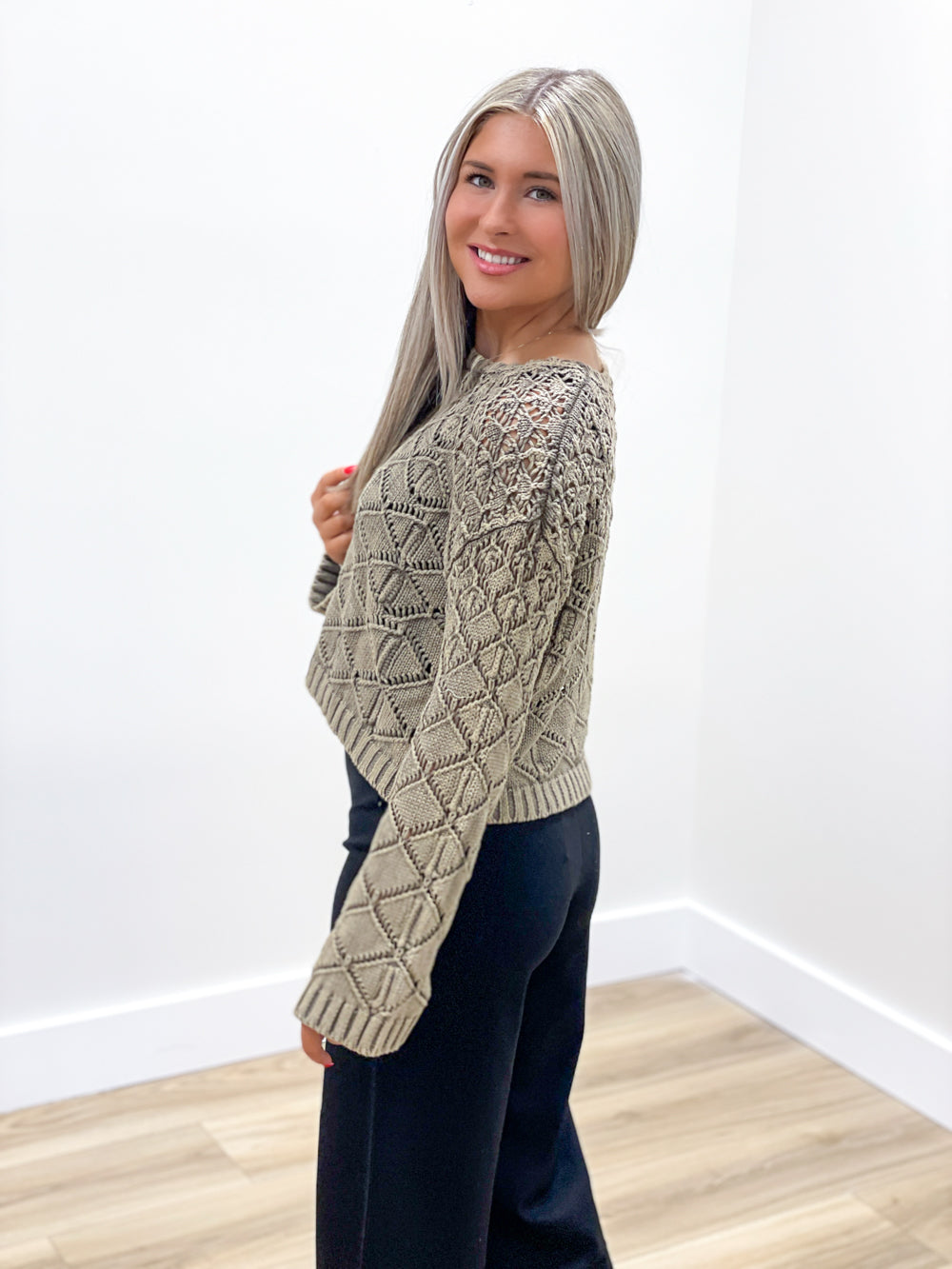 Warm Thoughts Crochet Sweater - Dry Herb | Makk Fashions