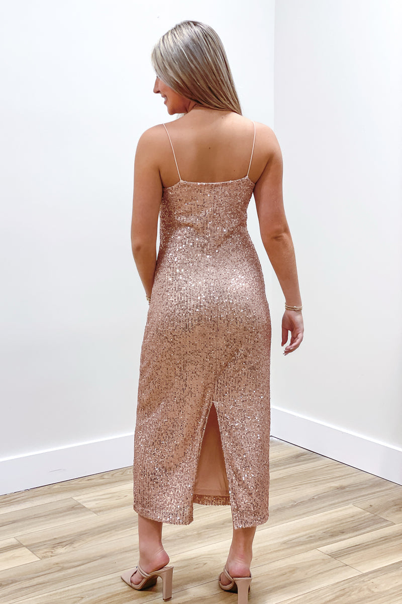 rose gold sequin midi dress Rose Gold Sequin Cowl Neck Midi Dress