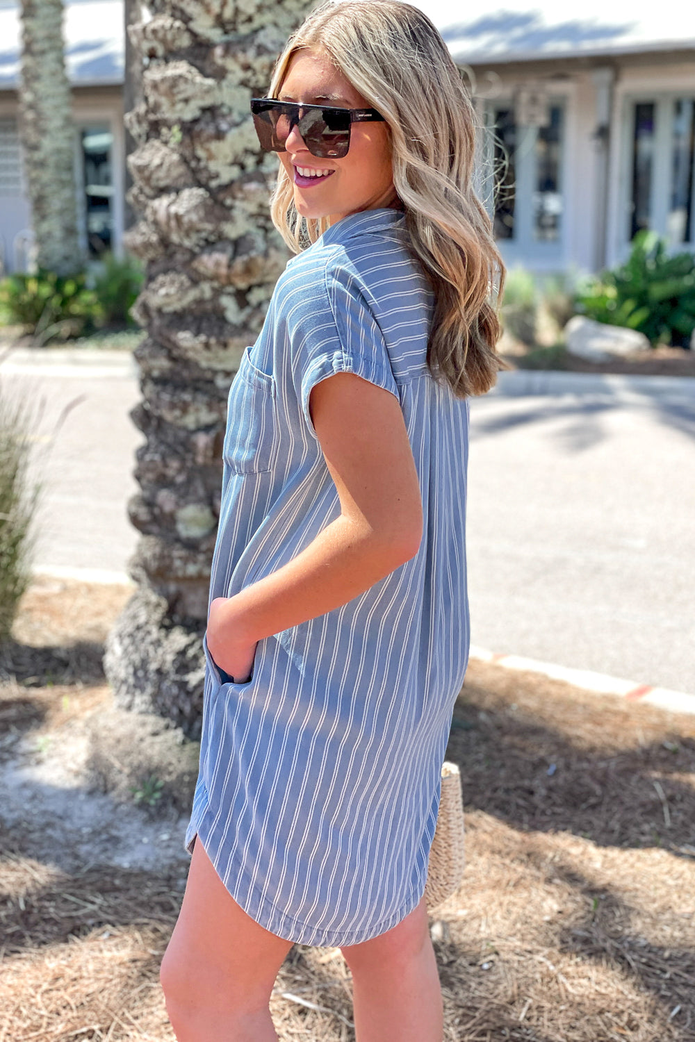 All About The Stripe Button Down Mini Dress - Blue | Makk Fashions