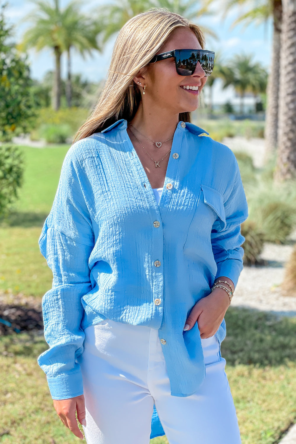 Simply Styled Button Down Top - Blue | Makk Fashions
