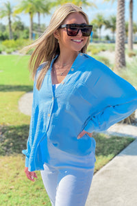 Simply Styled Button Down Top - Blue | Makk Fashions