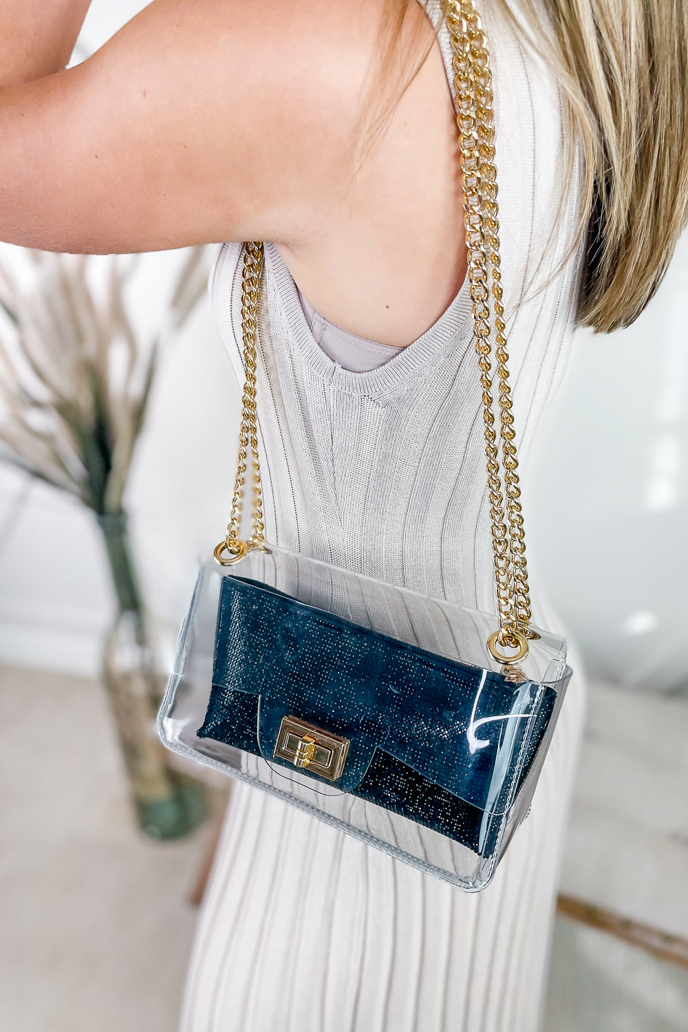 A Classy Look Clear Bag With Rhinestone Clutch - Black | Makk Fashions